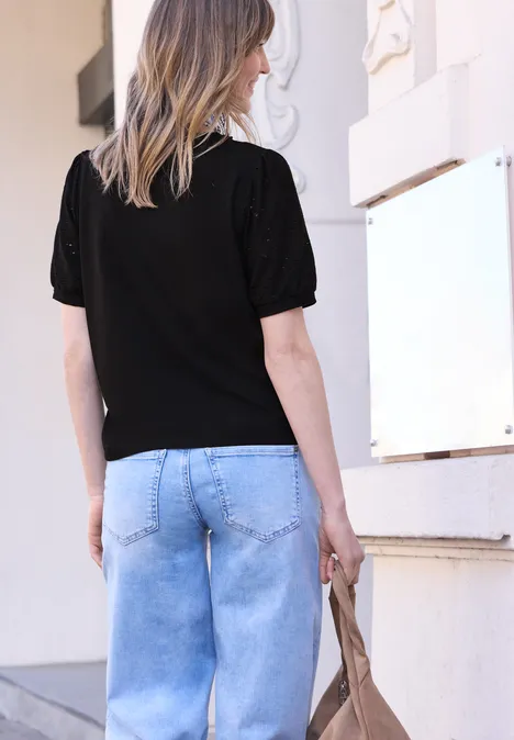 T-Shirt mit Rundhals und Spitzenärmeln Black