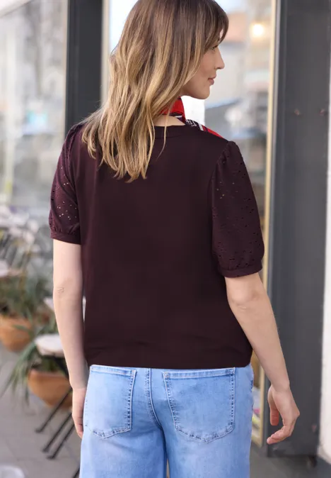 T-Shirt mit Rundhals und Spitzenärmeln very berry