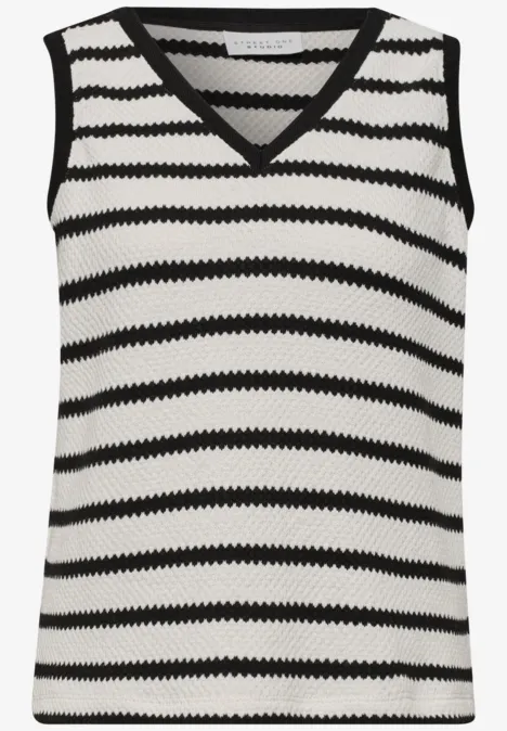 Ärmelloses Top mit V-Ausschnitt und schwarz-weißen Horizontalstreifen.