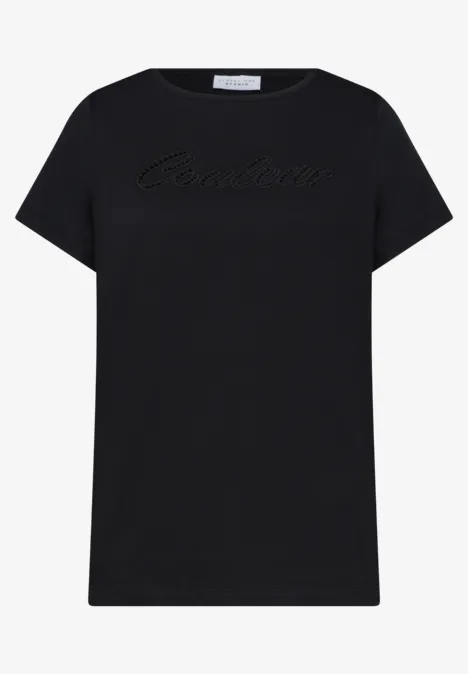 Zwart T-shirt met korte mouwen en tonale opdruk op de borst.