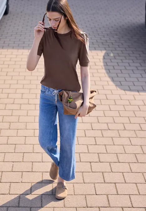 Koszulka z okrągłym dekoltem i bufiastymi rękawami mahogany brown