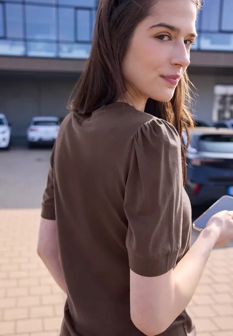 Koszulka z okrągłym dekoltem i bufiastymi rękawami mahogany brown