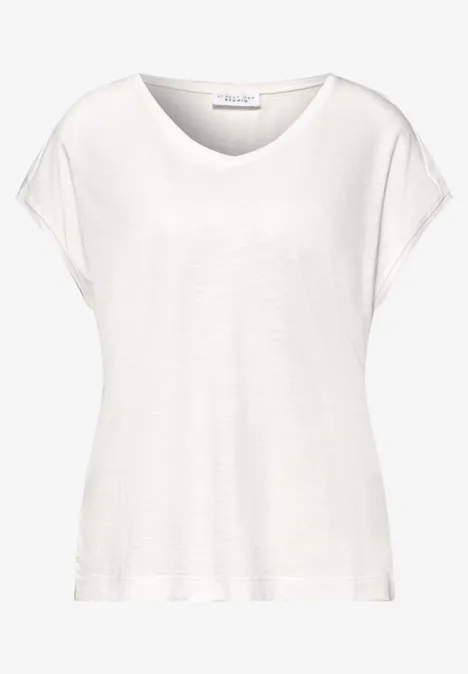 Witte dames-T-shirt met V-hals, korte mouwen en een losse pasvorm.
