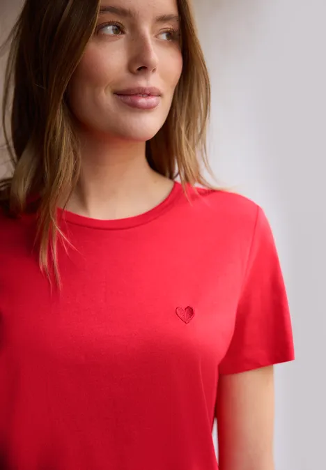 T-Shirt mit Rundhals und Stickerei torch red