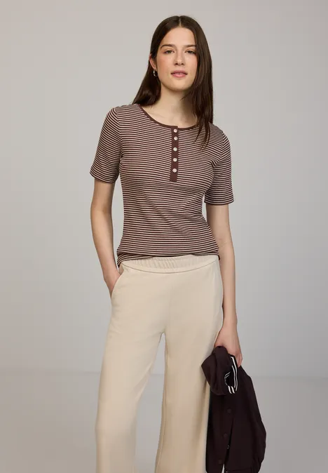 Koszulka z okrągłym dekoltem i guzikami mahogany brown