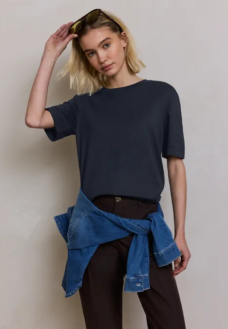 Shirt met ronde hals en pofmouwen deep blue