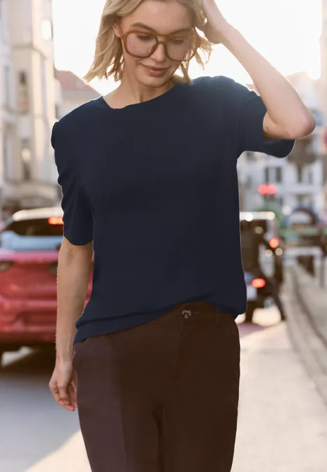 Shirt met ronde hals en pofmouwen deep blue