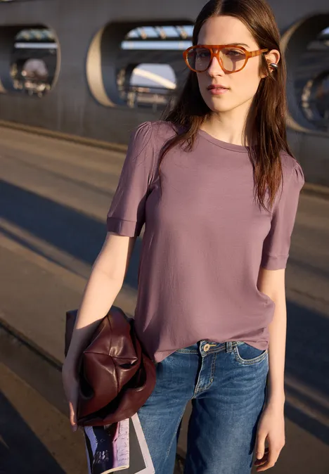 Koszulka z okrągłym dekoltem i bufiastymi rękawami hazy rose