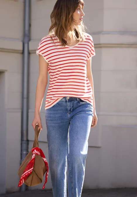 Shirt met losse schouders en strepen chili red