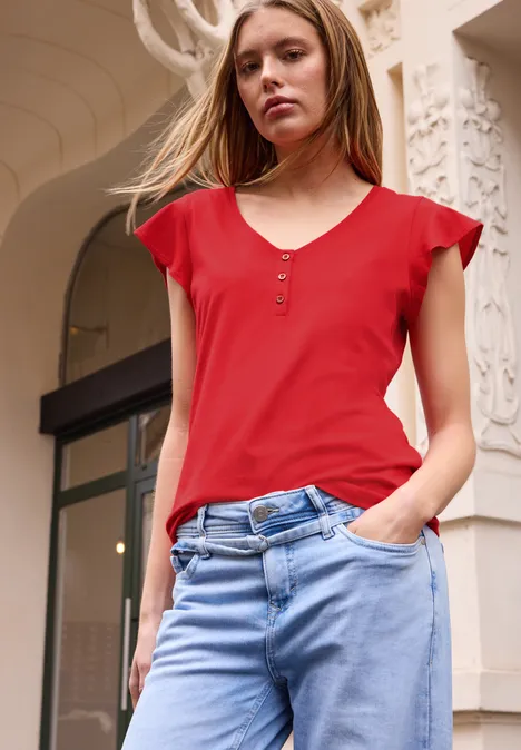 Shirt mit V-Neck und Volant-Ärmeln chili red
