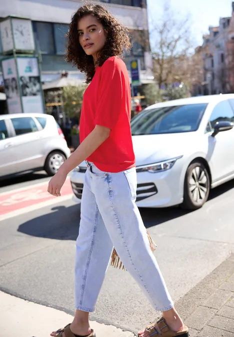 T-shirt à col rond et fronces chili red