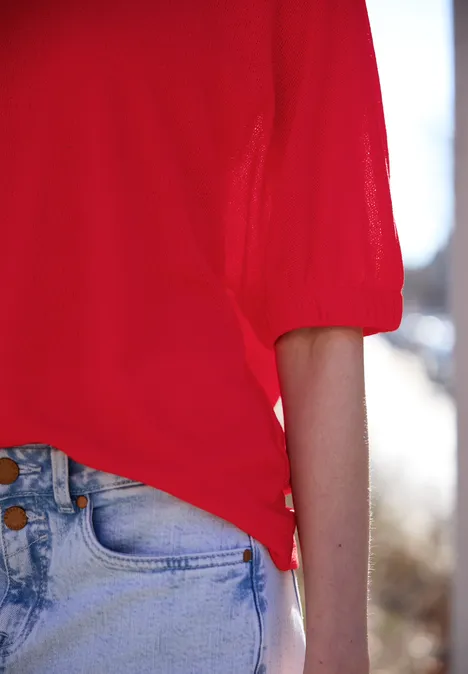 T-shirt à col rond et fronces chili red