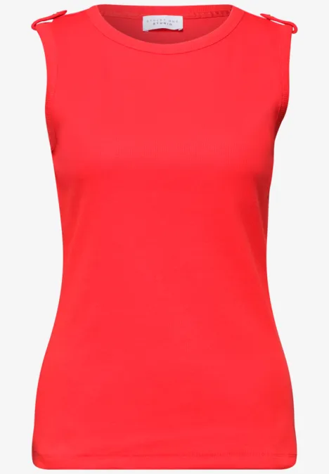 Rode mouwloze dames top met ronde hals en subtiele schouderdetails.
