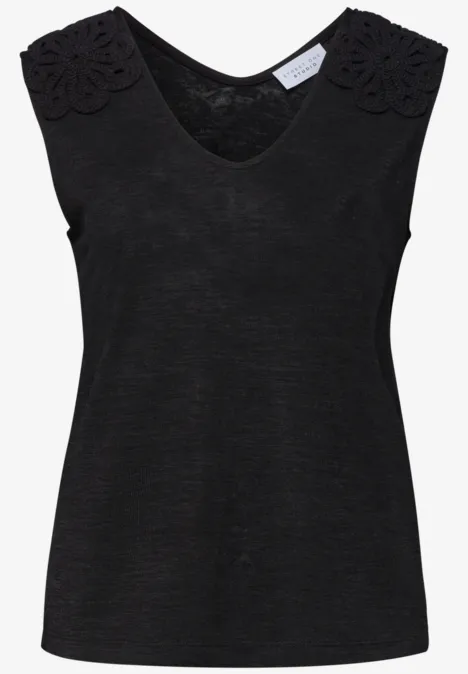 Schwarzes, ärmelloses Damen-Top mit V-Ausschnitt und floralen Schulter-Applikationen.