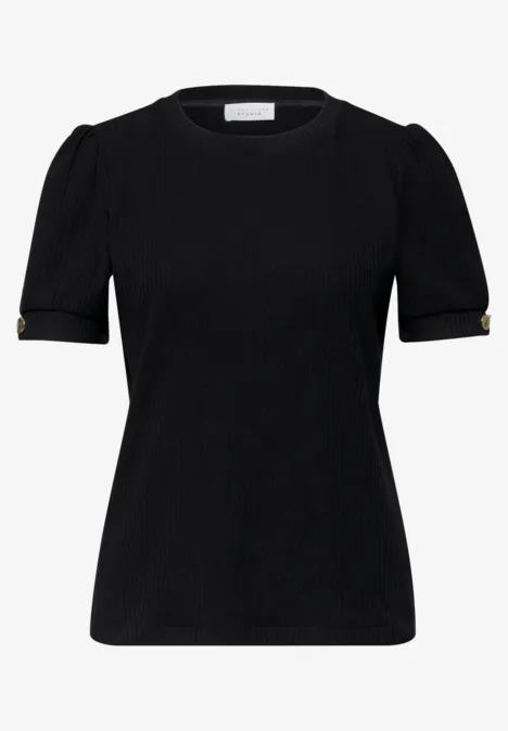 Schwarzes Kurzarmshirt mit Puffärmeln und goldenen Knopfdetails an den Ärmeln