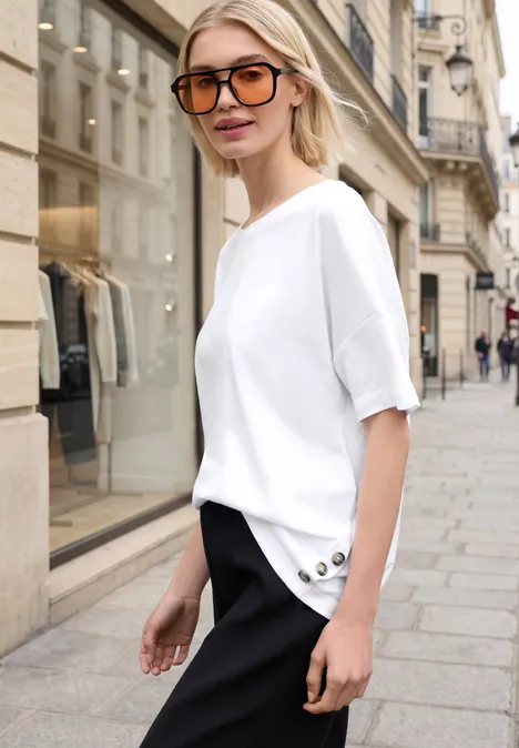 Frau in weißem T-Shirt und schwarzer Hose mit Knöpfen läuft über eine gepflasterte Einkaufsstraße.