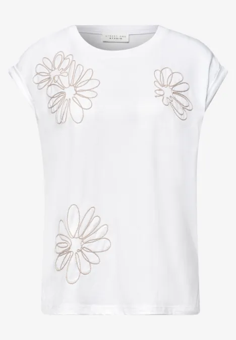 Weißes T-Shirt mit kurzen Ärmeln, bestickt mit großen Blumenmotiven