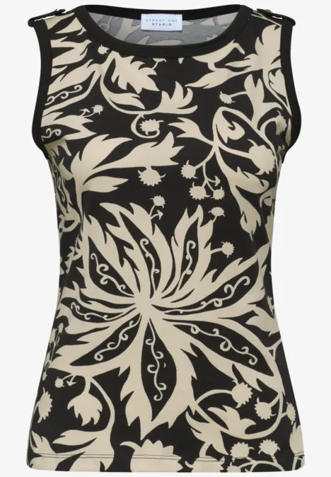 Ärmelloses Top mit schwarz-beigem, floralen Muster.