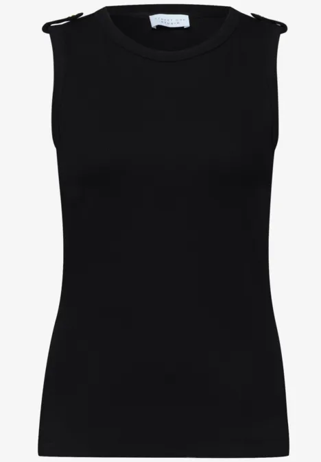 Effen zwart mouwloos topje van gladde stof met ronde halslijn.