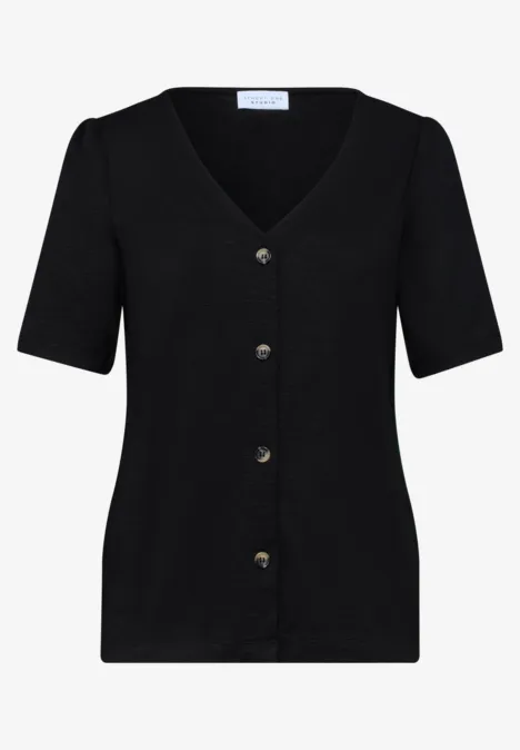 Schwarze Kurzarm-Strickjacke mit V-Ausschnitt und goldfarbenen Knöpfen