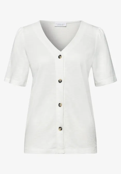 Weißer Kurzarm-Cardigan mit V-Ausschnitt und Knopfleiste.