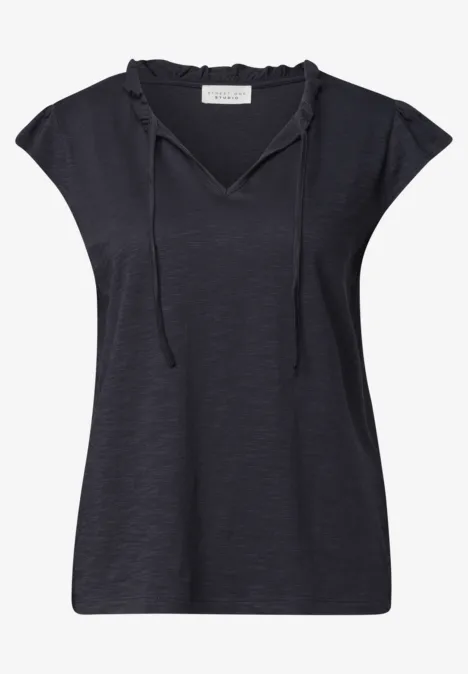 Donkerblauw T-shirt met korte mouwen, capuchon en aantrekkoorden