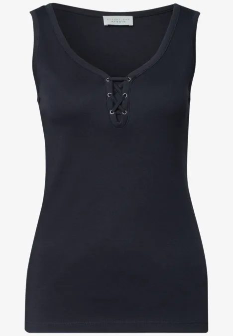Top mit V-Neck und Bänderdetail maritime blue Schwarzes ärmelloses Damen-Top mit Rundhalsausschnitt und Schnürdetail vorne.