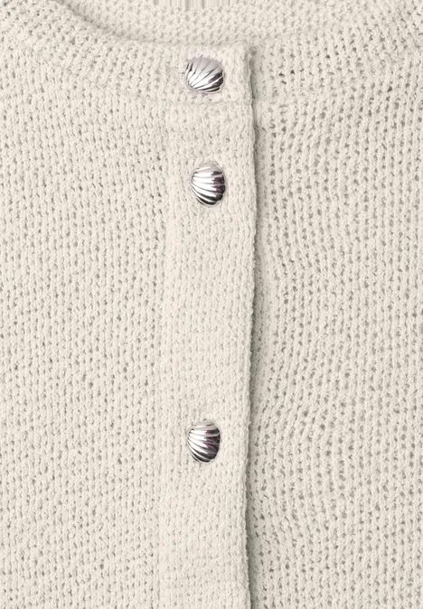 Kurzarm Jacke im Strick-Look mit Rundhals vanilla sand Beige Strickjacke mit drei runden, gestreiften Knöpfen.