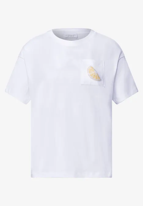 T-Shirt mit Rundhals und Perlendetail White Weißes T-Shirt mit Zitronenscheibe auf der Brusttasche