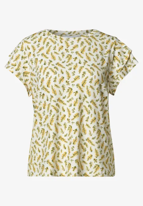 Weißes T-Shirt mit kurzem Arm und gelb-grünem Blattmuster.