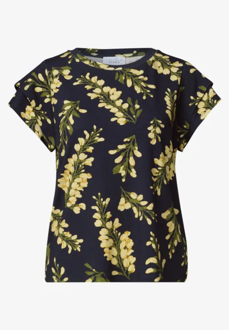 Dunkles Kurzarmshirt mit gelbem Blattmuster