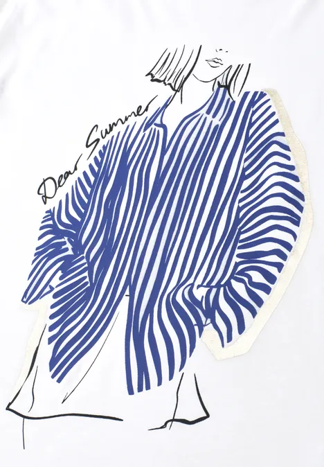 Eenvoudige illustratie van persoon in blauw-wit gestreept oversized overhemd.