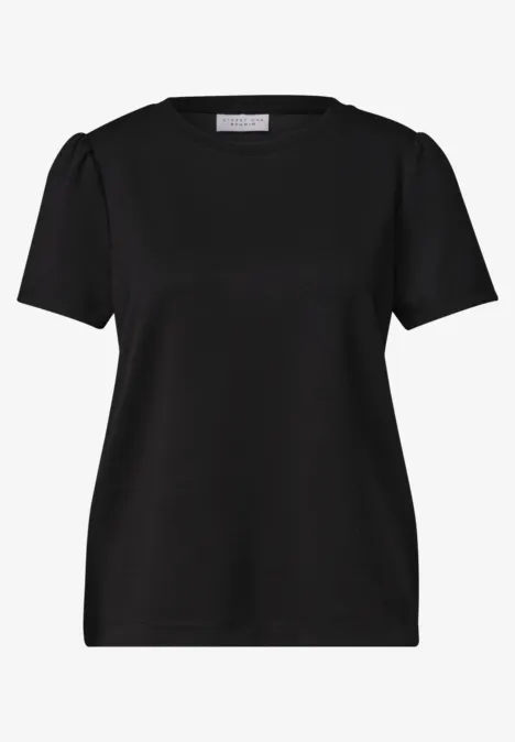 T-Shirt in Unifarbe mit Raffung Black Schwarzes T-Shirt mit kurzen Ärmeln und rundem Ausschnitt