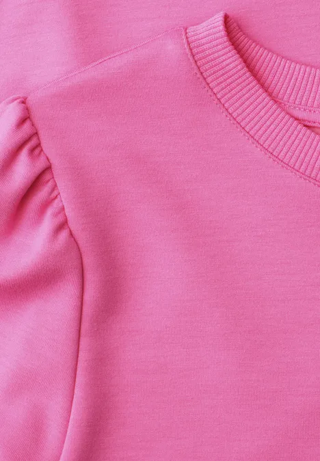 Rosa Sweatshirt mit gerafften Puffärmeln und geripptem Rundhalsausschnitt.