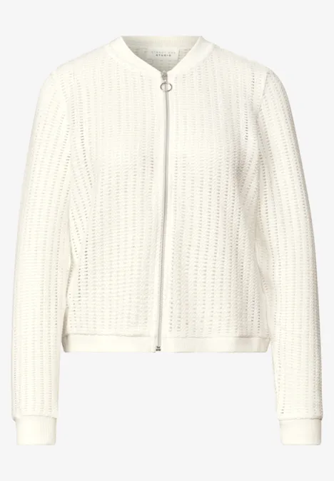 Jas met lange mouwen, structuur en ritssluiting off white Witte gebreide bomberjas met ritssluiting en geribde boorden.