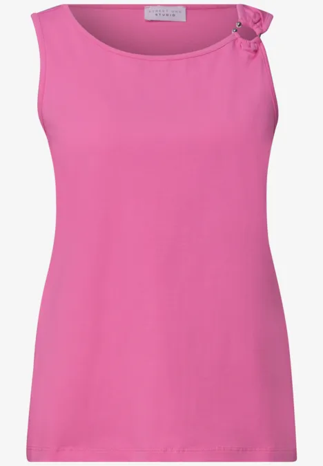 Asymmetrische top met ronde hals simply pink Roze mouwloos topje met ronde hals en klein strikje op de schouder.