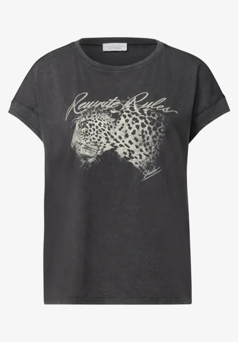 Grau gewaschenes T-Shirt mit Leopardenkopf-Print und Schriftzug "Exotic Riders"