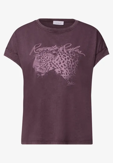 Donkerpaars dames-T-shirt met luipaardkopprint en korte mouwen.