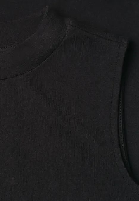 Basic Top mit Turtle Neck in Unifarbe Black Schwarzes ärmelloses Baumwoll-Oberteil mit Rundhalsausschnitt.