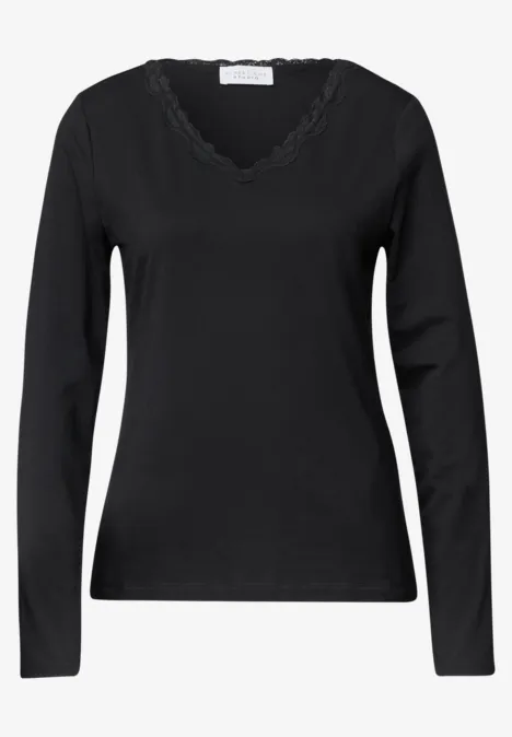 Schwarzes Langarmshirt mit V-Ausschnitt für Damen