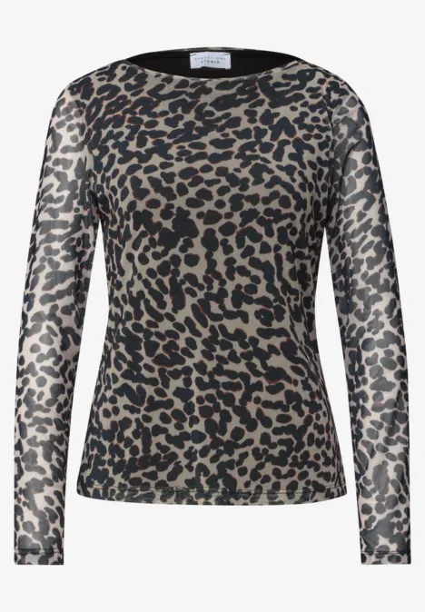Transparentes, eng anliegendes Langarmshirt mit Leopardenmuster