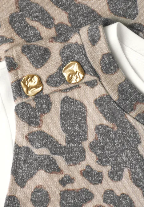 2-in-1 Shirt mit Knöpfen und Leo-Muster Black Graubeiger Leo-Stoff mit zwei goldenen Knöpfen