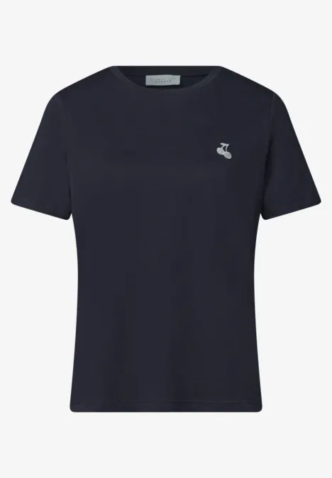 Dunkelblaues T-Shirt mit Rundhalsausschnitt, kurzen Ärmeln und kleinem Logo links auf der Brust.