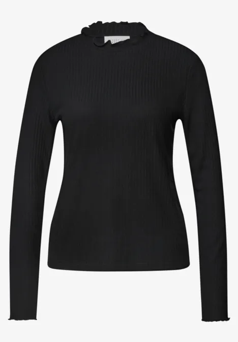 Shirt met lange mouwen en col Black Schwarzes, figurbetontes Langarmshirt aus Rippstrick mit dezentem Stehkragen.