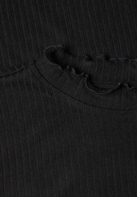Shirt met lange mouwen en col Black Schwarz geripptes Oberteil mit wellenförmigem Rundhalsausschnitt.