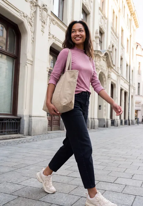 Langarm Shirt mit Turtle Neck pearly rose Junge Frau spaziert lächelnd in einer Altstadtstraße, trägt rosa Oberteil, schwarze Jeans und weiße Tasche.