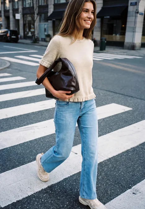 Kurzarm Shirt mit Rundhals und Rüschen creamed sand mel. Eine lächelnde Frau in Jeans und hellem Shirt überquert eine Straße auf einem Zebrastreifen und trägt eine Handtasche.