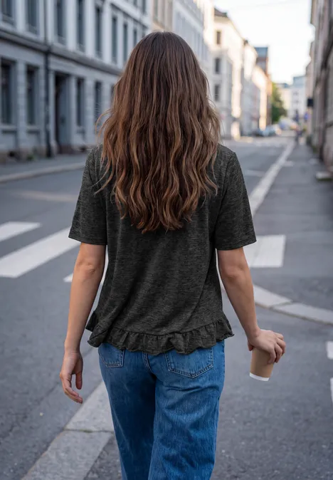 Kurzarm Shirt mit Rundhals und Rüschen inked grey mel. Eine Frau mit langen braunen Haaren geht in Jeans und T-Shirt mit Kaffee to go eine Straße entlang.