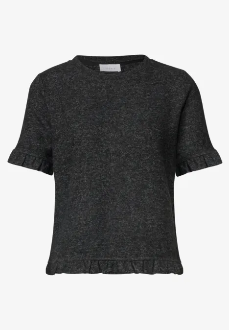 Kurzarm Shirt mit Rundhals und Rüschen inked grey mel. Dunkelgraues, kurzärmeliges Strickoberteil mit Rüschen an Ärmeln und Saum.