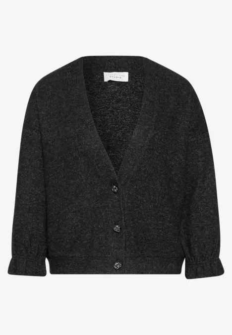Dunkelgrauer Wollcardigan mit V-Ausschnitt, Knopfleiste und langen Ärmeln, weiche Textur, legerer Schnitt.
